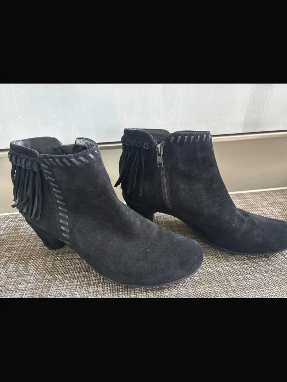 Earthies Black Suede Fringe Ankle Booties